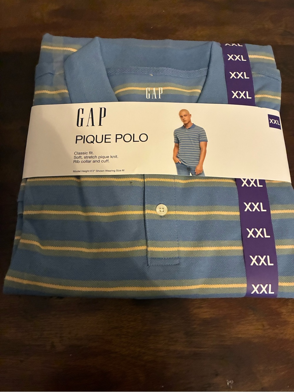 GAP Men’s Sky Blue Striped Pique Polo with Yellow & White Trim